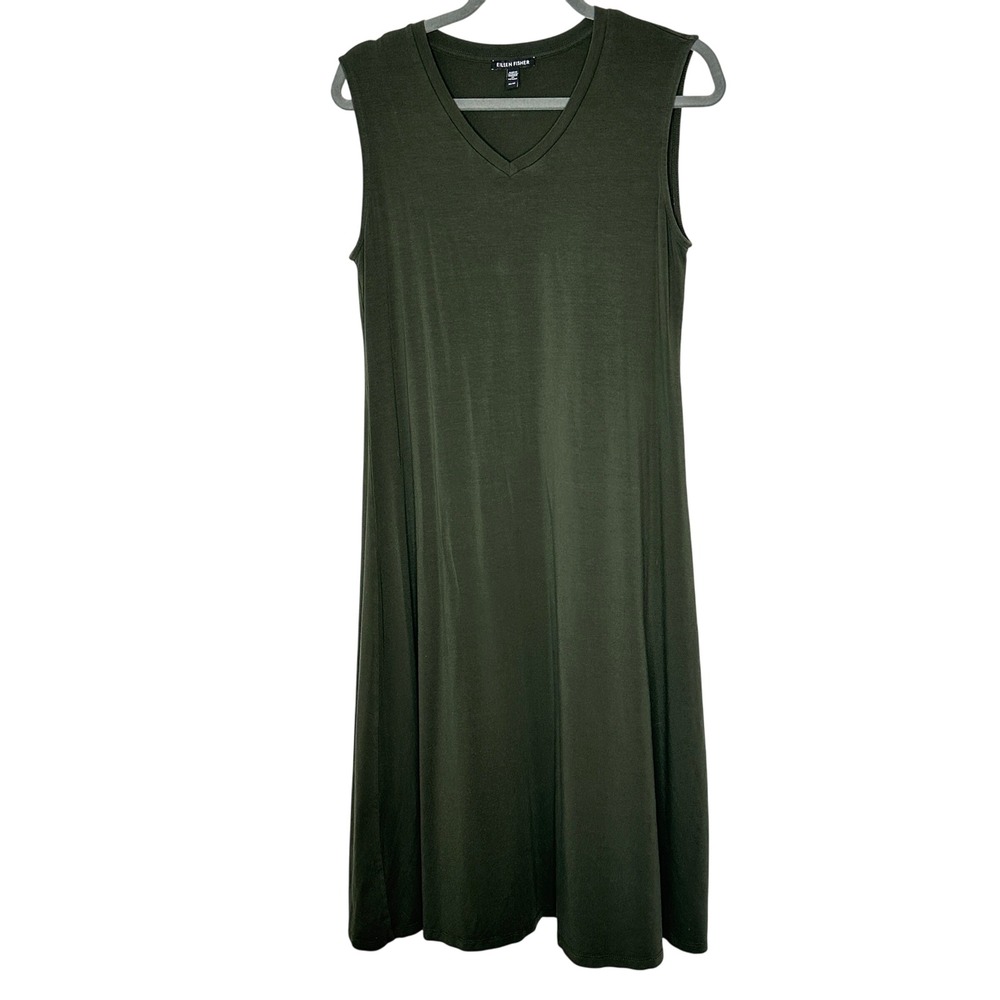 Eileen Fisher‎ XS Green Tencel Lyocell V-Neck Sleeveless Midi Dress Casual